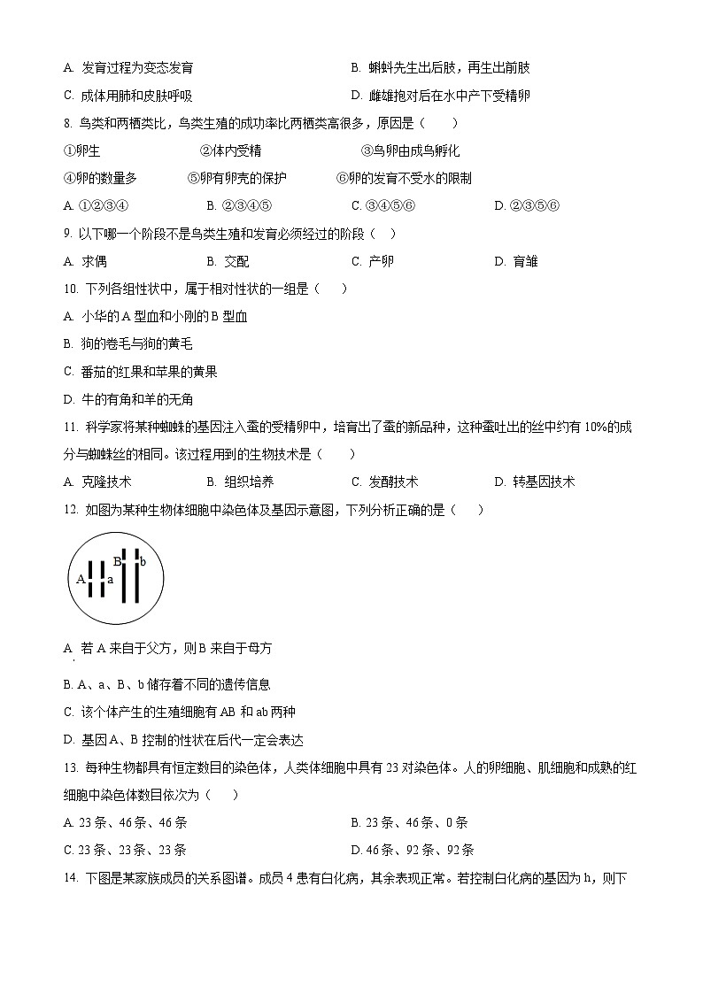 河南省信阳市潢川县2023-2024学年八年级下学期期中生物试题（原卷版+解析版）02