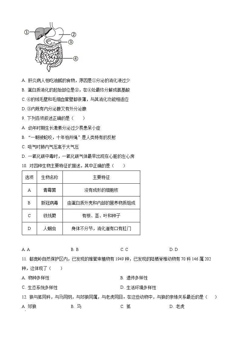 湖南省永州市道县2023-2024学年八年级下学期期中生物试题（原卷版+解析版）03