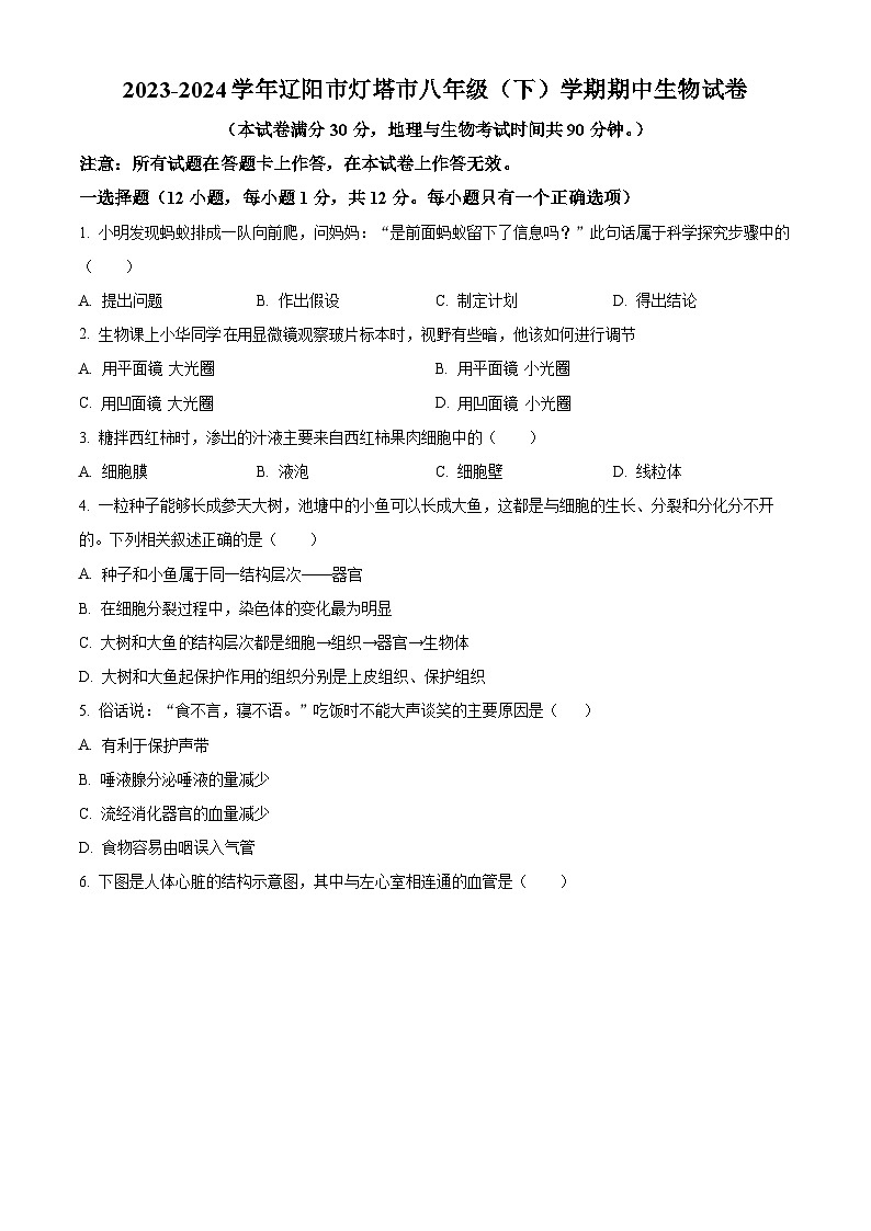辽宁省辽阳市灯塔市2023-2024学年八年级下学期期中生物试题（原卷版+解析版）01