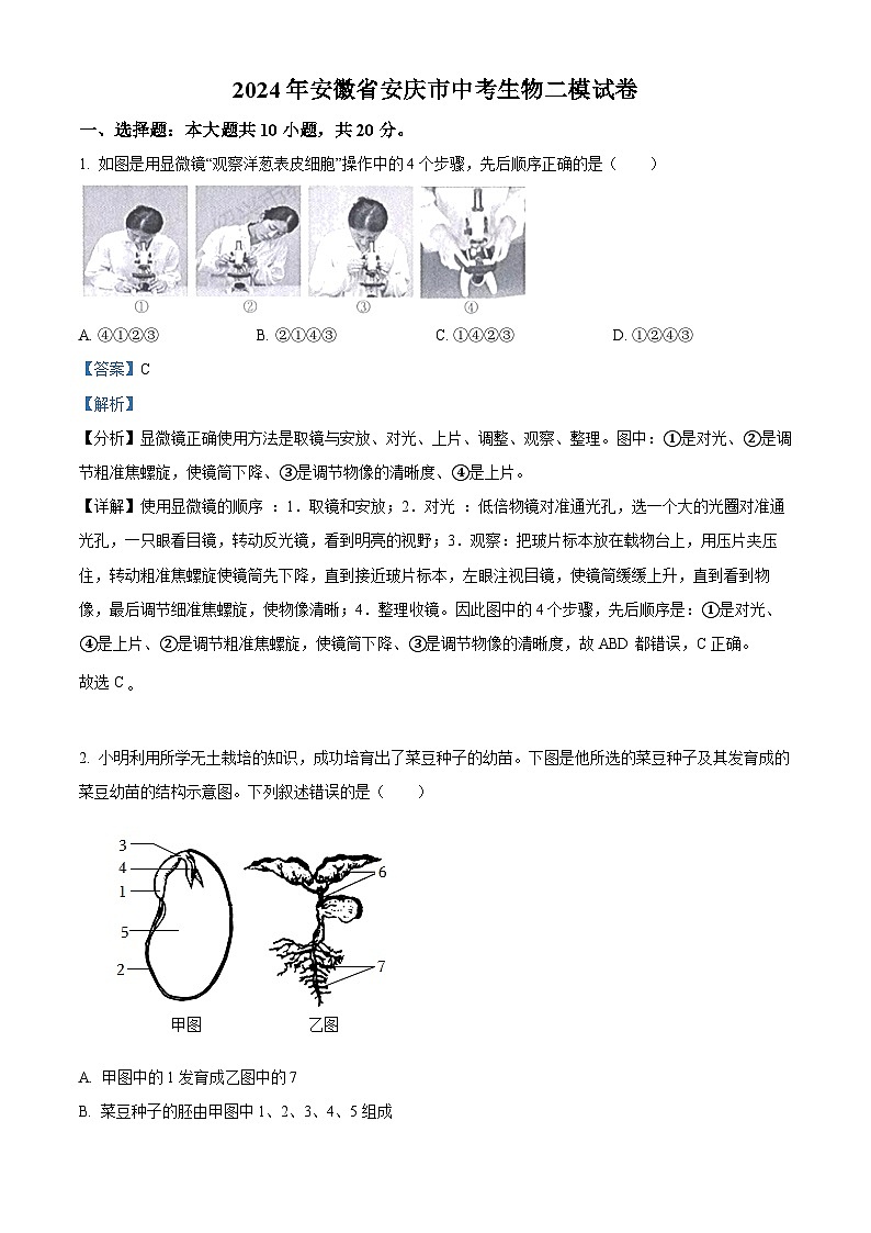 2024年安徽安庆市中考二模生物试题（解析版）第1页