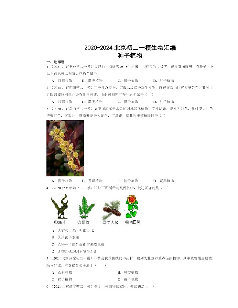 2020～2024北京初二一模生物试题分类汇编：种子植物01