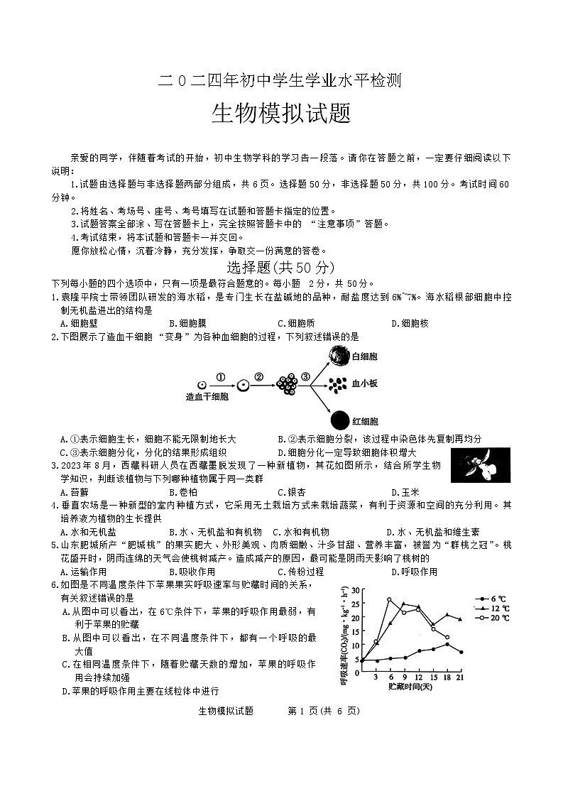 2024年山东省聊城市阳谷县实验中学中考生物模拟题第1页