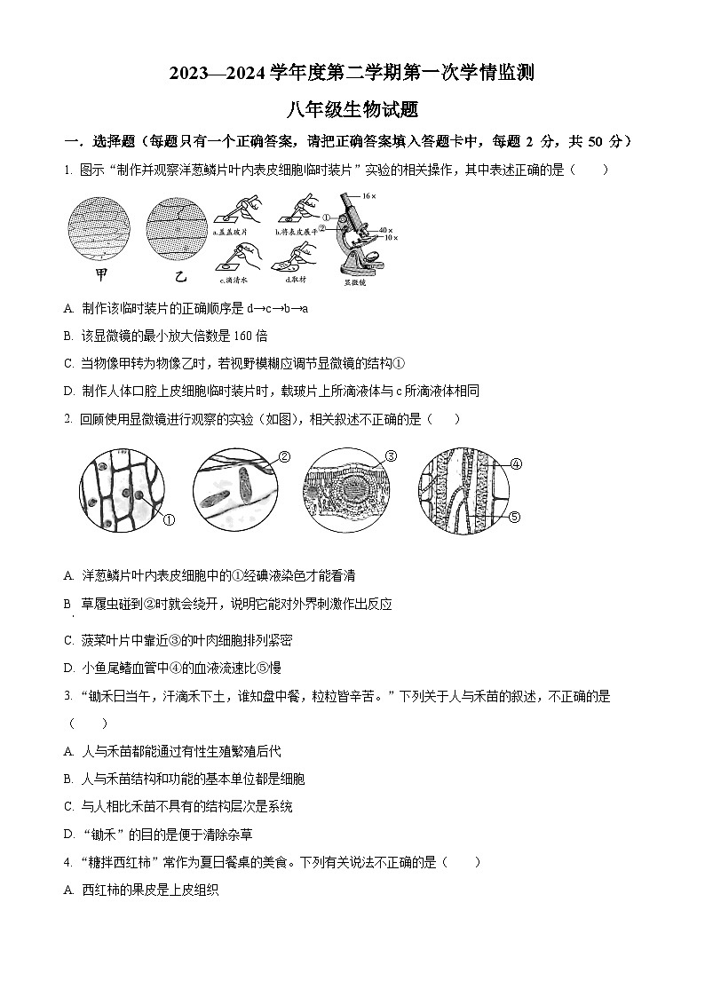 山东省济宁市金乡县2023-2024学年八年级下学期期中生物试题（原卷版+解析版）01