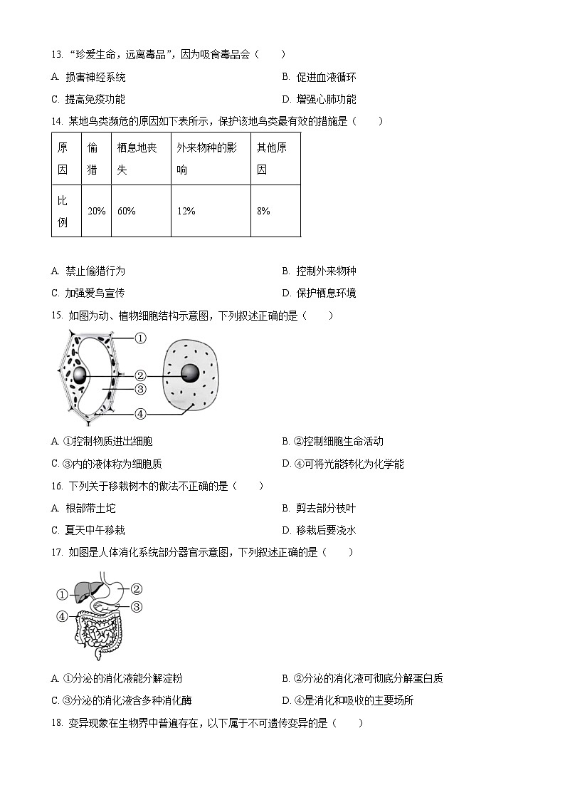 2024年福建省南平市八年级毕业班中考一模生物试题（原卷版+解析版）03
