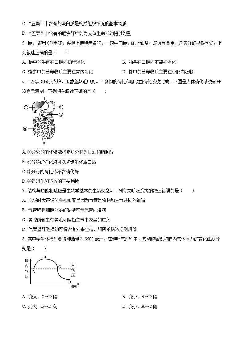 山东省临沂市沂水县2023-2024学年七年级下学期期中生物试题（原卷版）第2页
