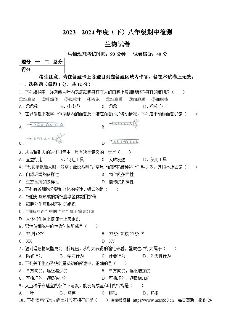 辽宁省本溪市2023-2024学年八年级下学期4月期中生物试题01