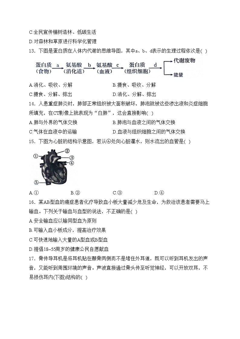云南省昭通市巧家县2023-2024学年八年级下学期4月期中考试生物试卷(含答案)03