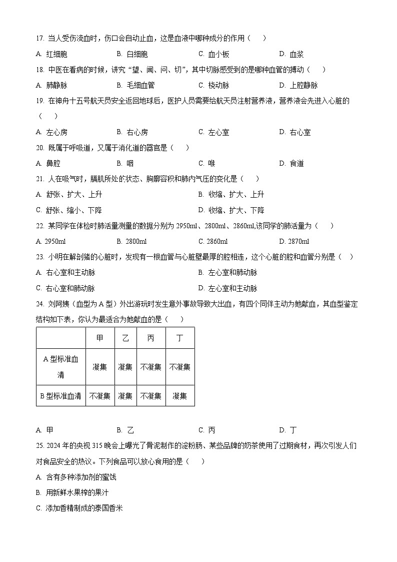 湖南省永州市宁远县2023-2024学年七年级下学期期中生物试题（原卷版+解析版）03