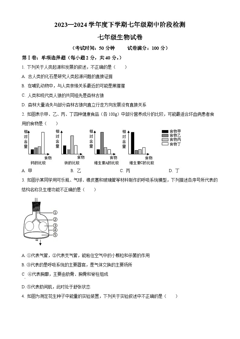 辽宁省锦州市太和区2023-2024学年七年级下学期期中生物试题（原卷版+解析版）01