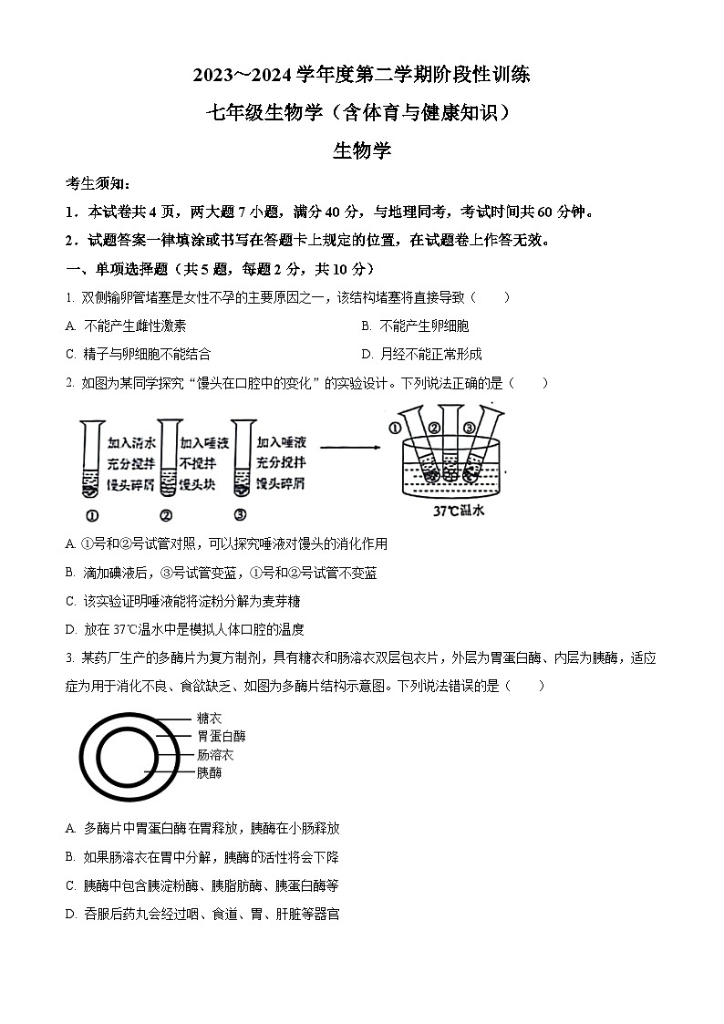 内蒙古鄂尔多斯市伊金霍洛旗2023-2024学年七年级下学期期中生物试题（原卷版+解析版）01