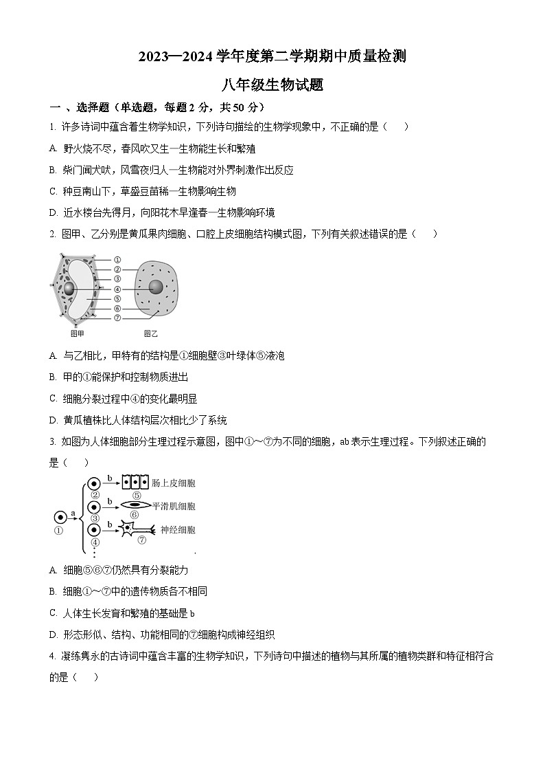 山东省济南市历城区2023-2024学年八年级下学期期中生物试题（原卷版+解析版）01