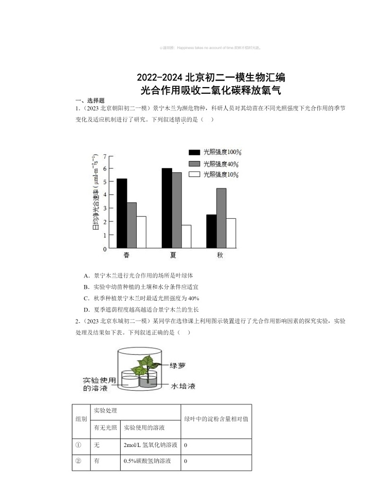 2022～2024北京初二中考一模生物试题分类汇编：光合作用吸收二氧化碳释放氧气01