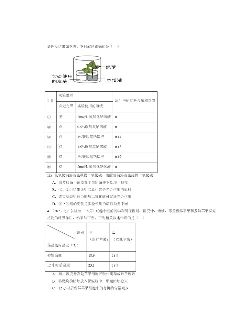 2022～2024北京初二中考一模生物试题分类汇编：绿色植物与生物圈中的碳—氧平衡章节综合02