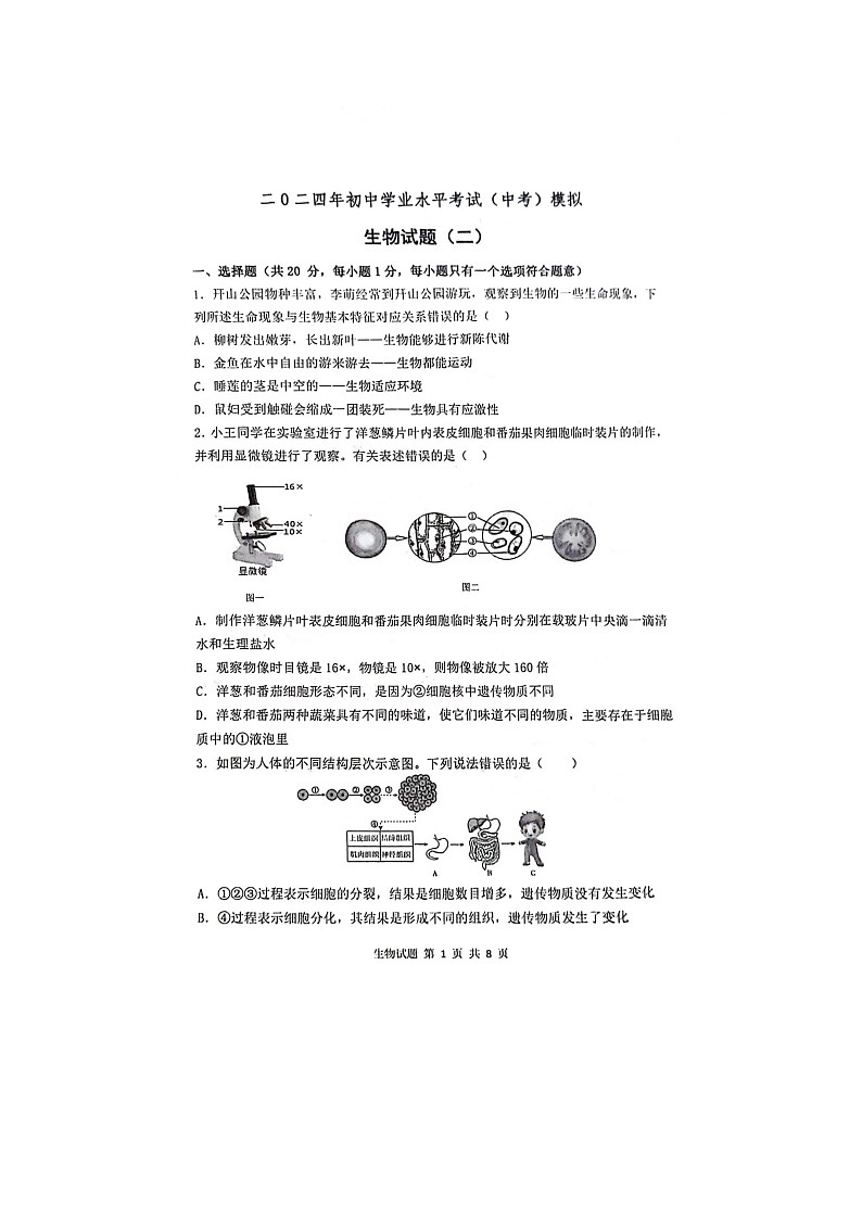 2024年山东省菏泽市单县八校中考二模生物试题01