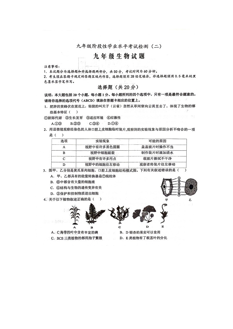 2024年山东省菏泽市鲁西新区中考二模生物试题第1页