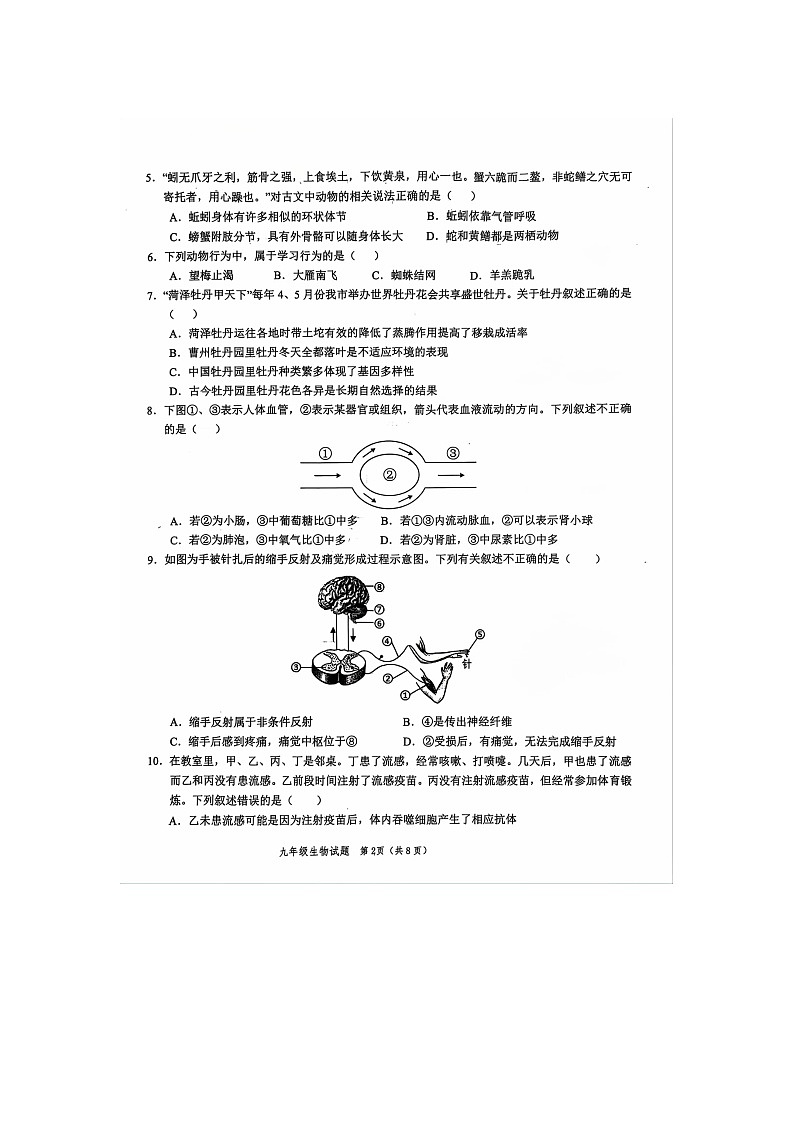 2024年山东省菏泽市鲁西新区中考二模生物试题第2页
