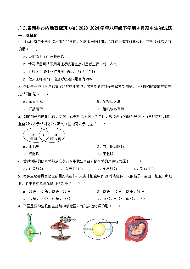 广东省惠州市内地西藏班（校）2023-2024学年八年级下学期4月期中生物试题第1页