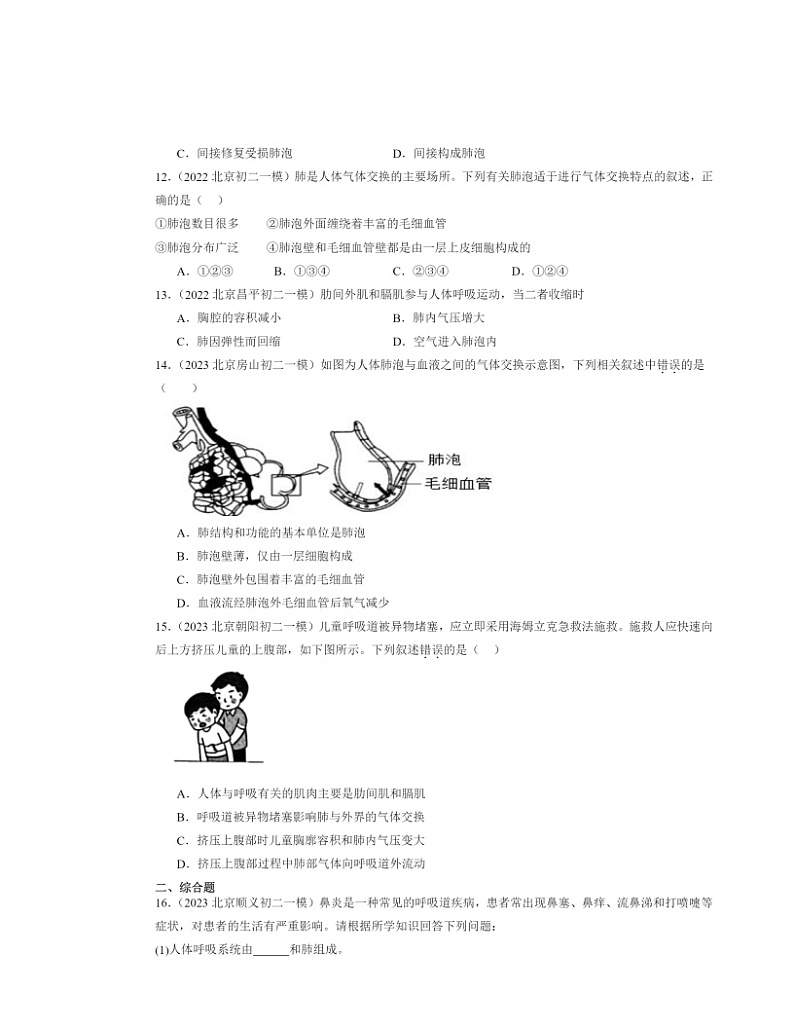 2022～2024北京初二中考一模生物试题分类汇编：发生在肺内的气体交换03