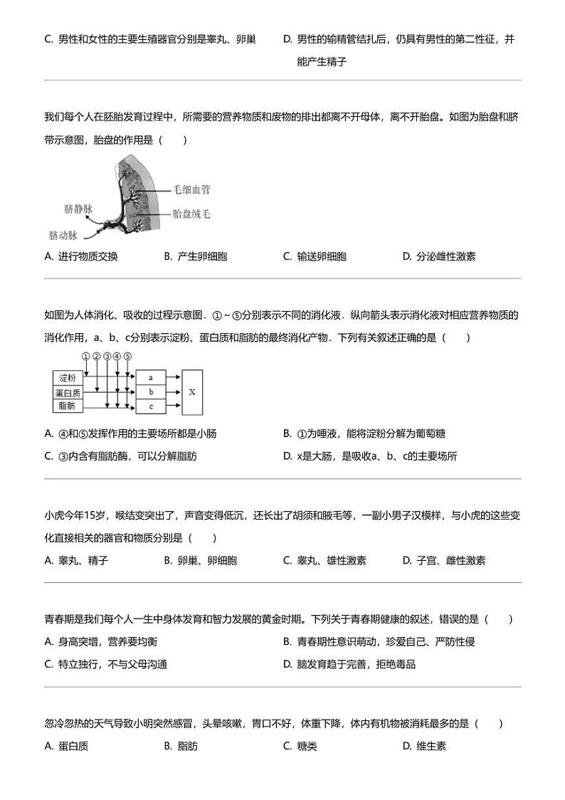 2023_2024学年湖北黄冈初一下学期期中生物试卷02