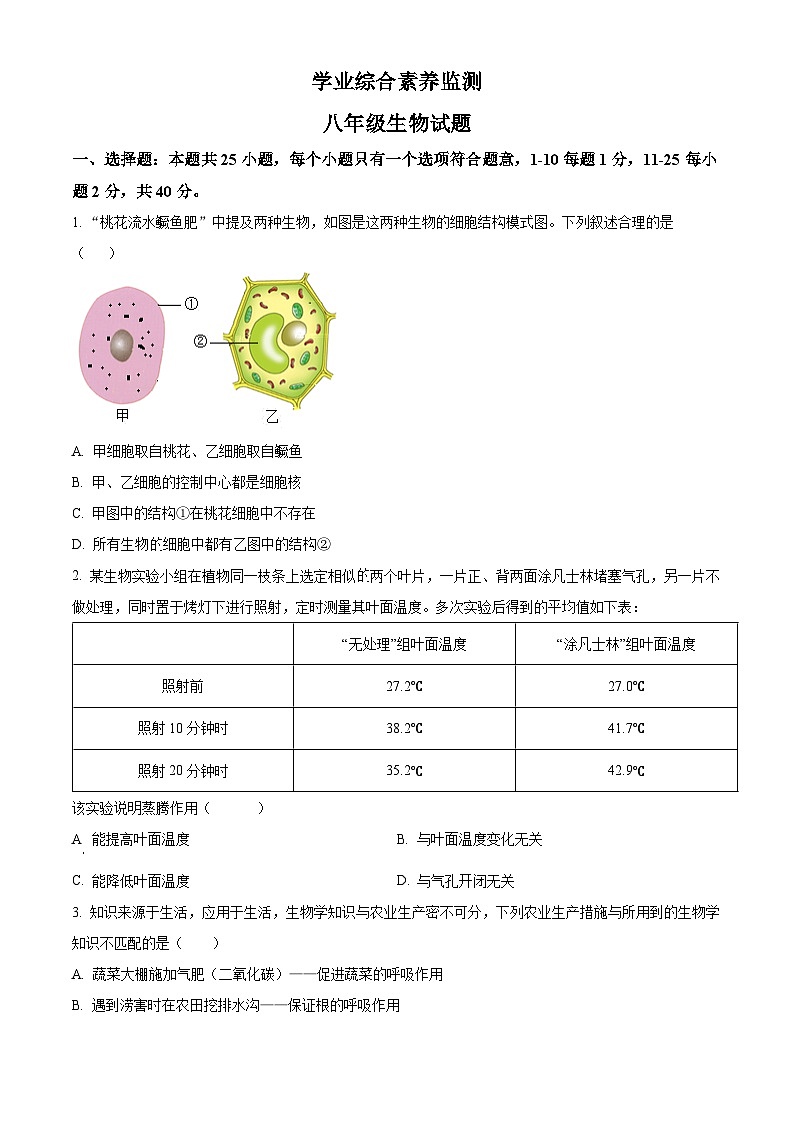 2024年山东省枣庄市薛城区八年级中考模拟预测生物试题（原卷版）第1页