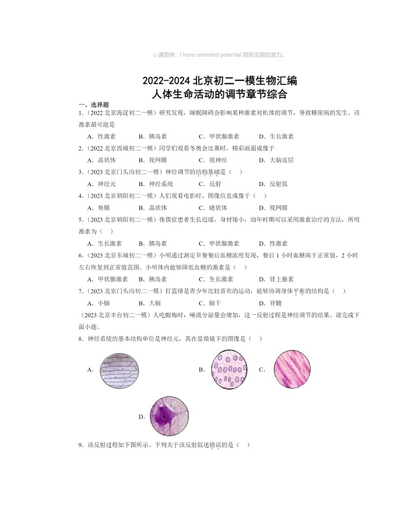 2022～2024北京初二中考一模生物试题分类汇编：人体生命活动的调节章节综合01