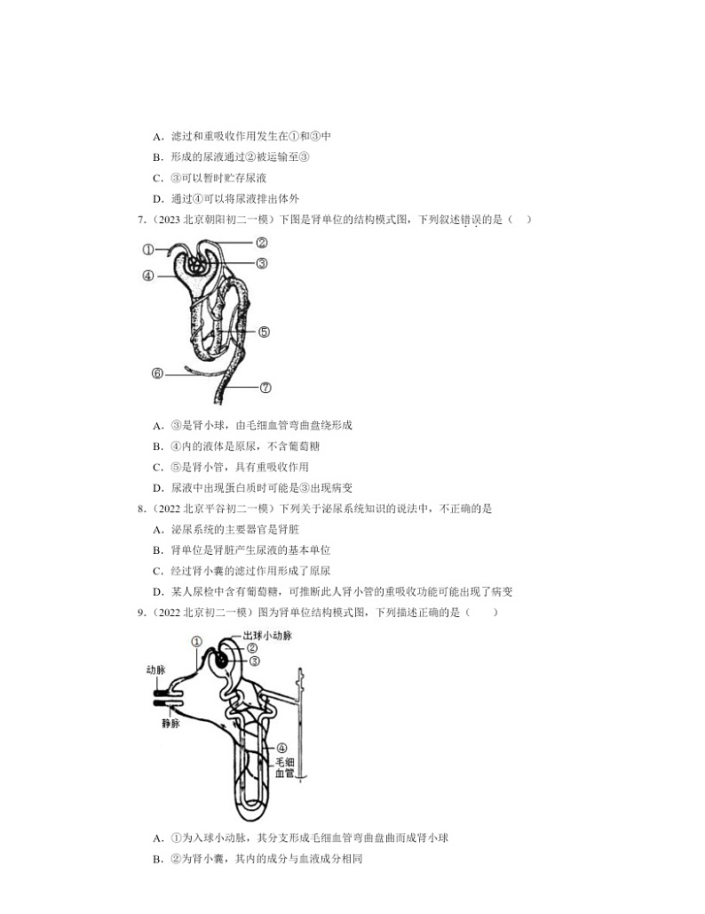 2022～2024北京初二一模生物试题分类汇编：人体内废物的排出章节综合02