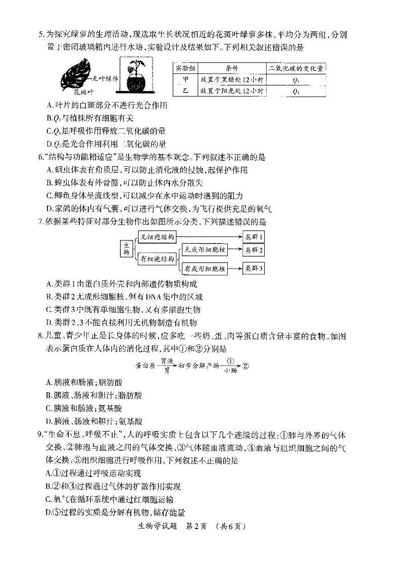 2024年河南省项城市中考第二次模拟考试生物试卷02