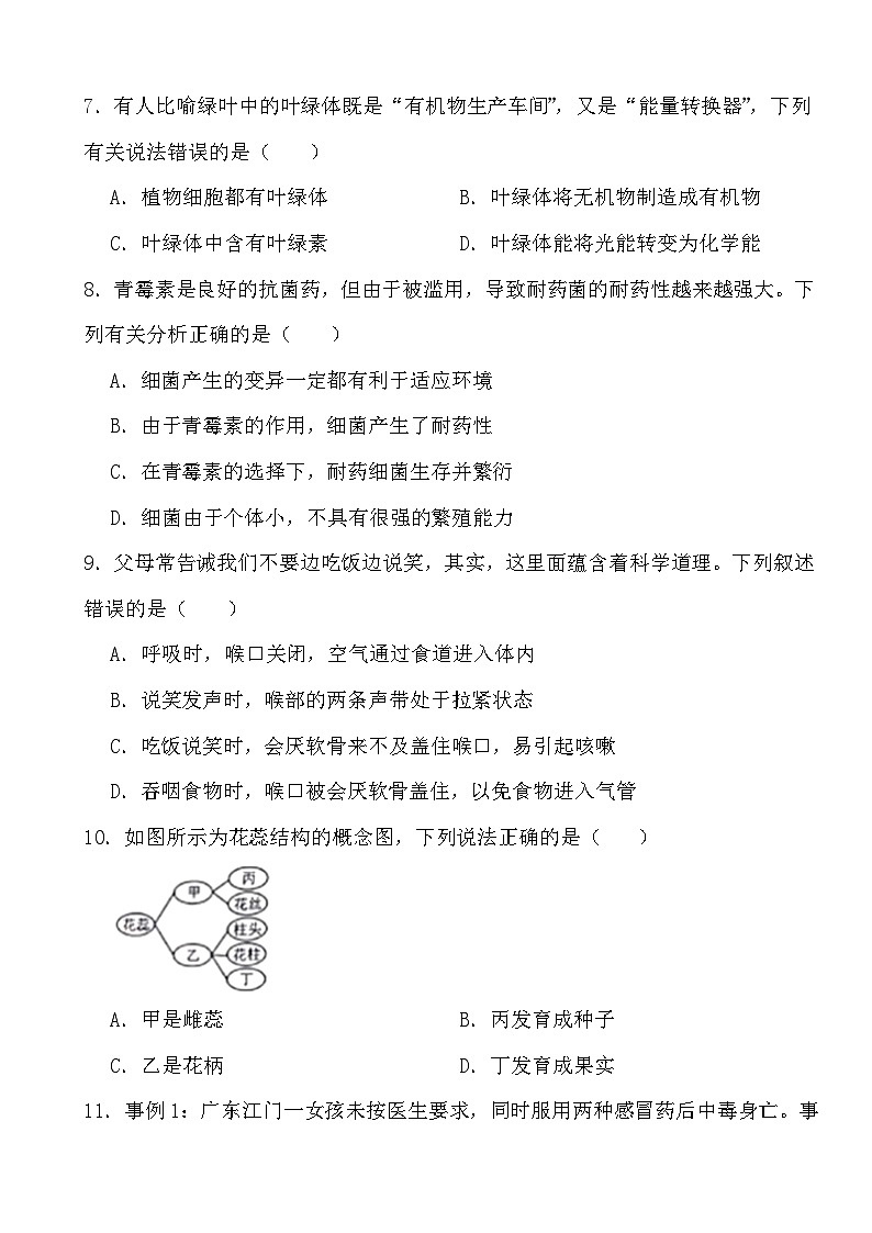 2024年四川省成都市初中学业水平考试生物学模拟试卷第3页