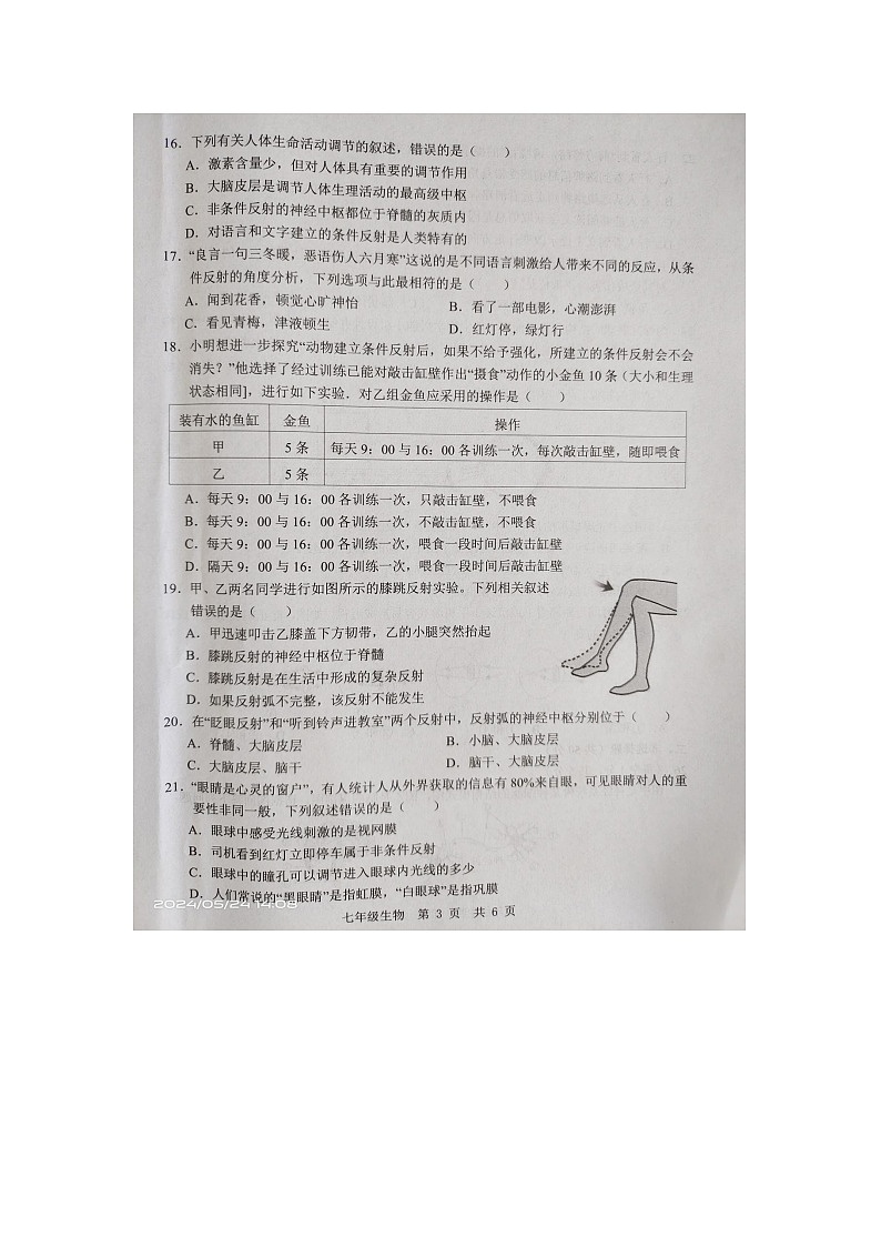 山东省济宁市金乡县2023-2024学年七年级下学期5月月考生物试题第3页