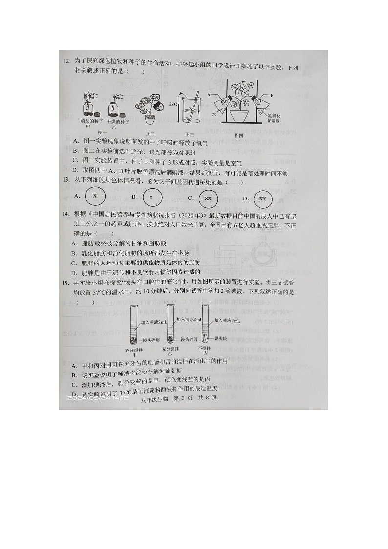 山东省济宁市金乡县2023-2024学年八年级下学期5月月考生物试题第3页
