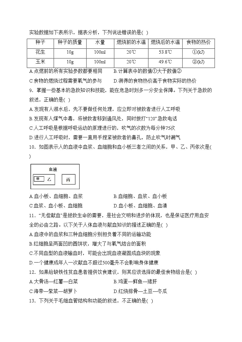 山东省潍坊市安丘市2023-2024学年七年级下学期期中考试生物试卷(含答案)第3页