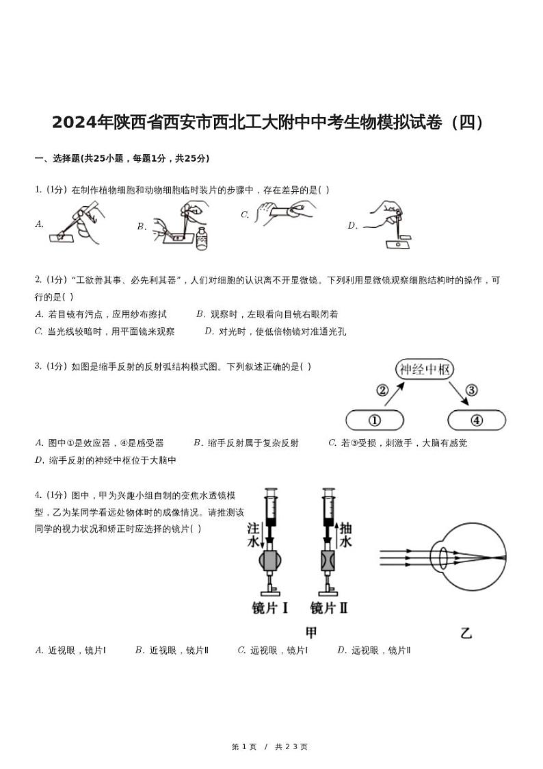 2024年陕西省西安市西北工大附中中考生物模拟试卷（四）01