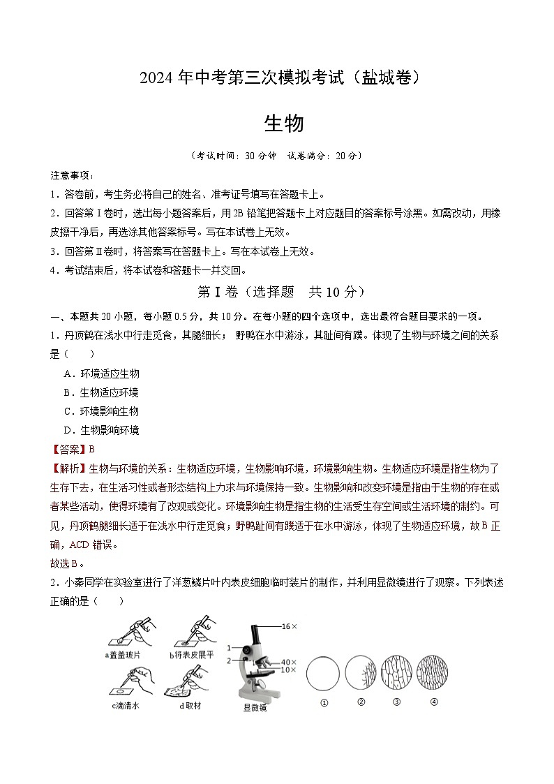 2024年中考第三次模拟考试题：生物（盐城卷）（解析版）01