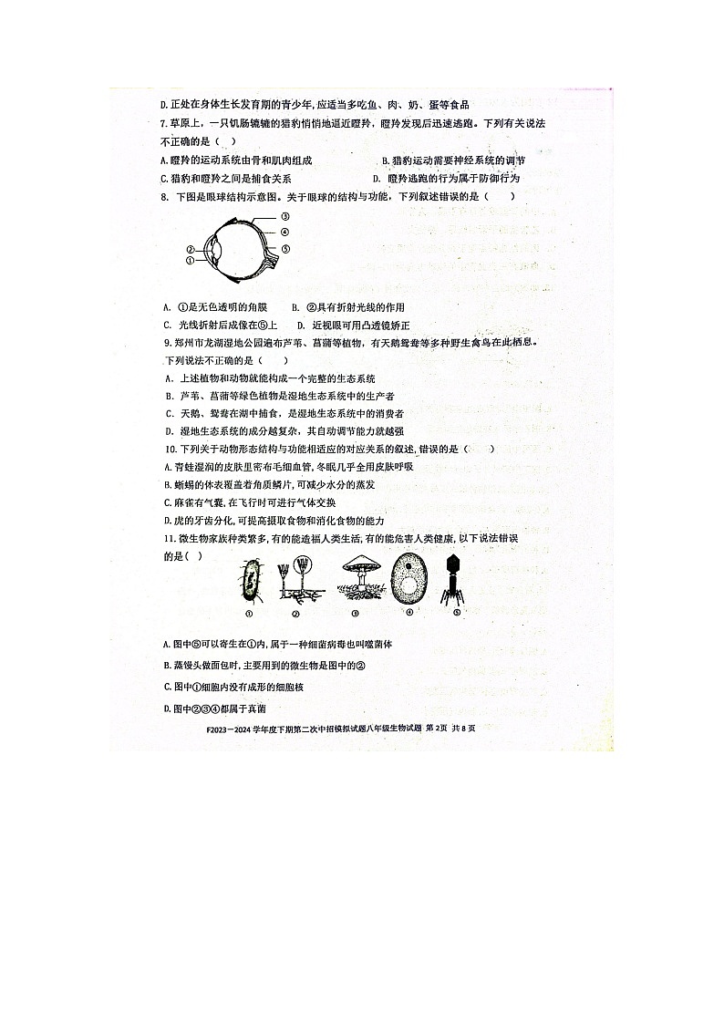 2024年河南省周口市扶沟县中考二模生物试题02