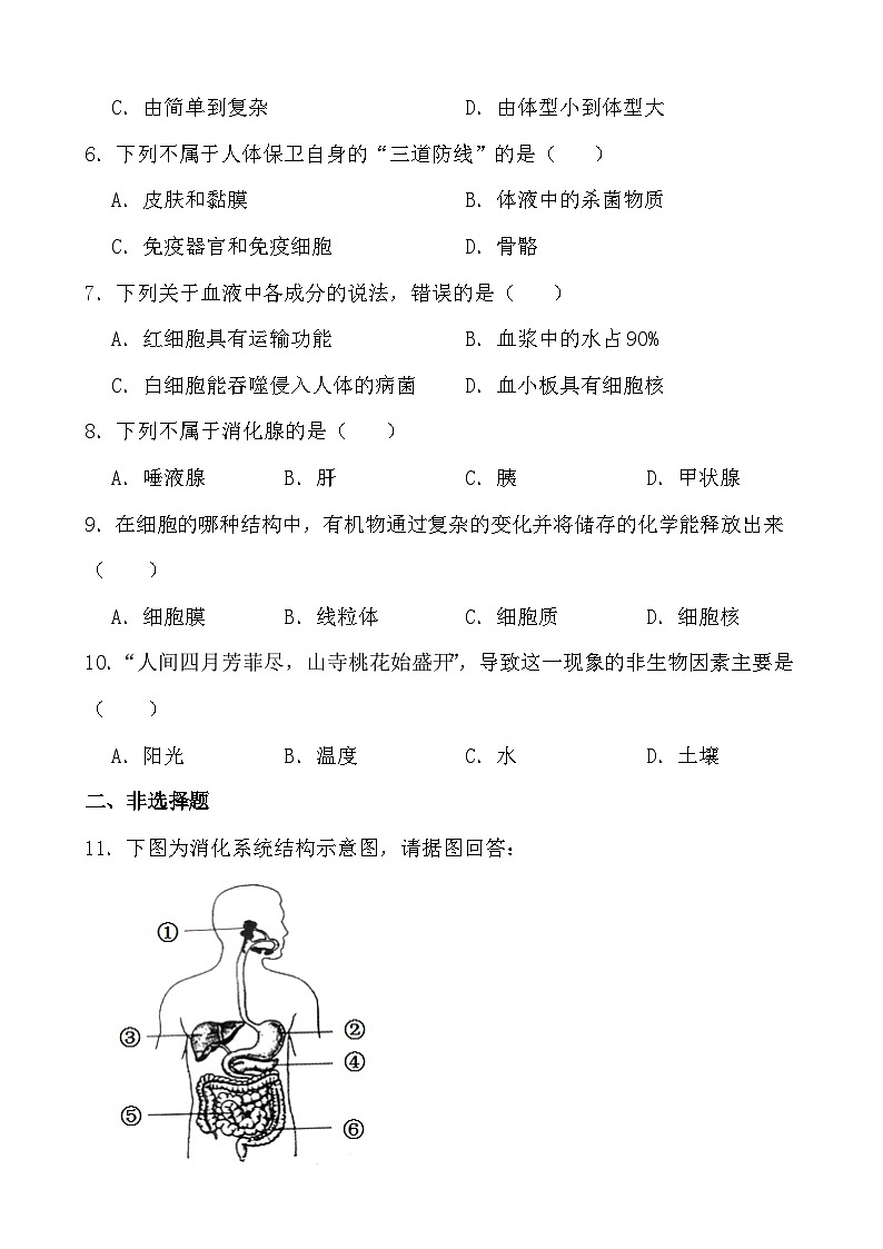 2024年四川省南充市初中学业水平考试生物学模拟卷第2页