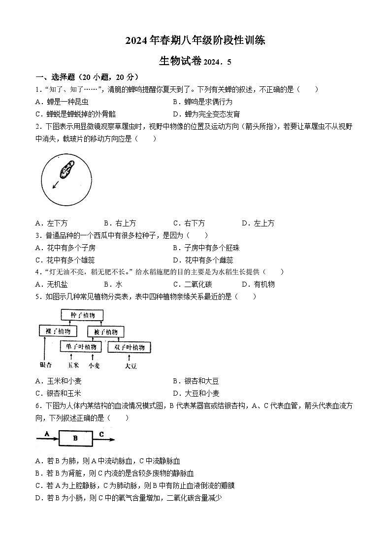 河南省南阳市镇平县2023-2024学年八年级下学期5月月考生物试题第1页