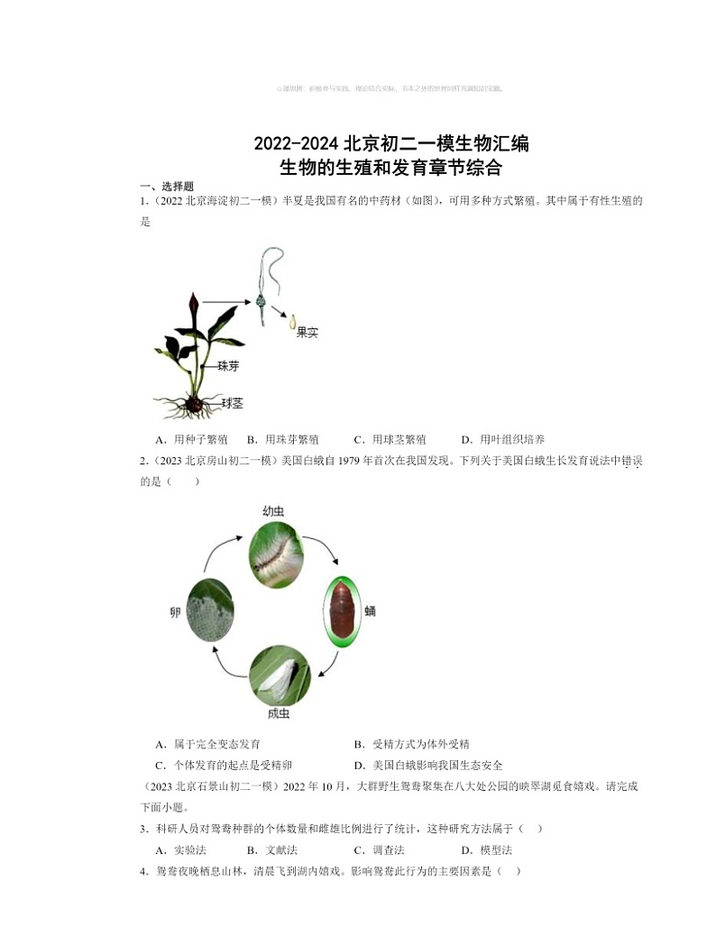 2022～2024北京初二一模生物试题分类汇编：生物的生殖和发育章节综合01
