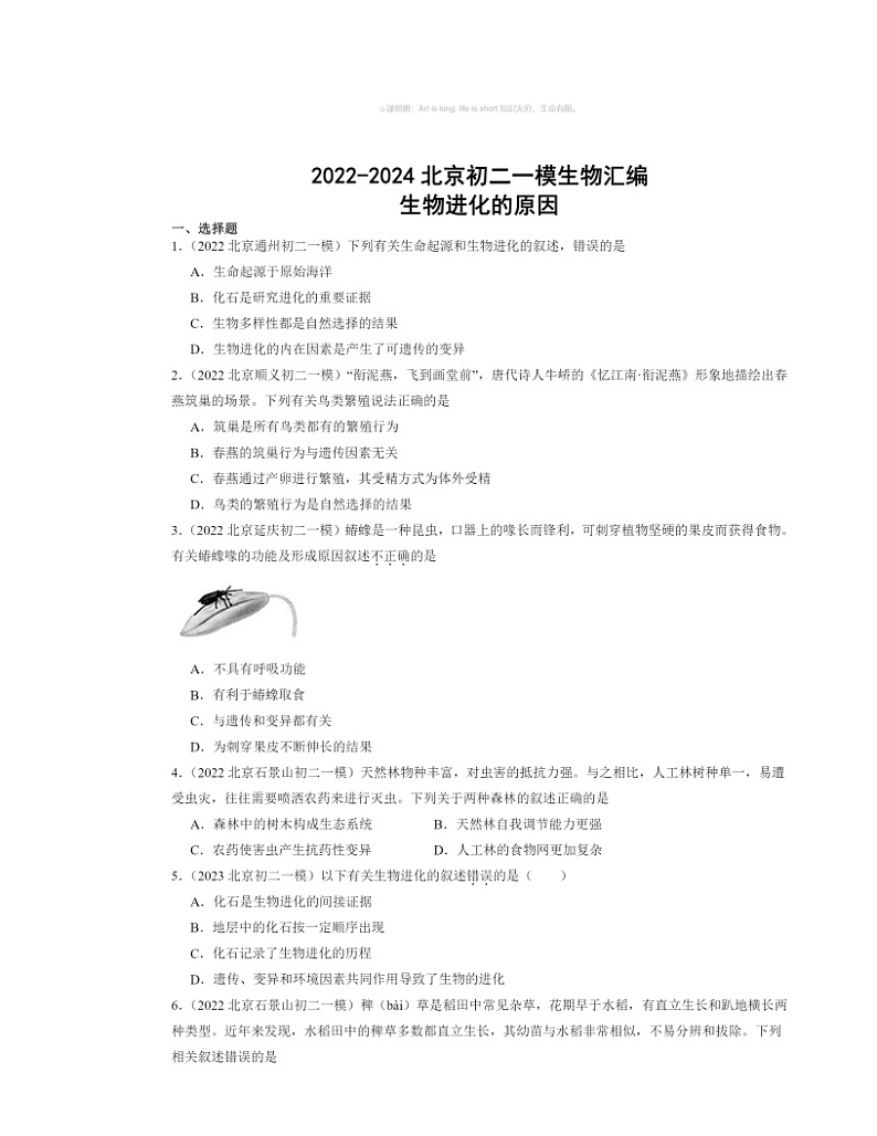 2022～2024北京初二一模生物试题分类汇编：生物进化的原因第1页