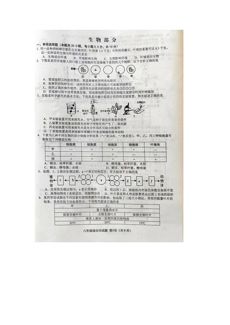2024年江苏省盐城市阜宁县中考二模生物试题01