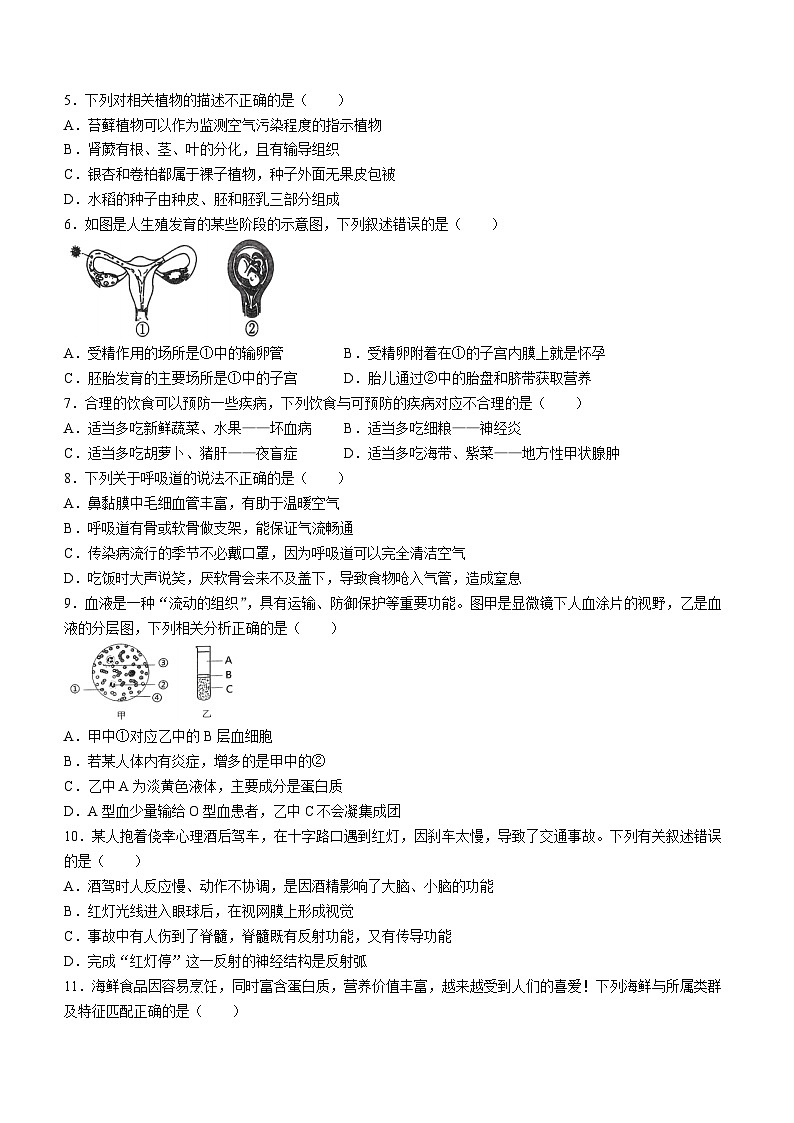 2024年湖南省娄底市娄星区八年级中考生物第一次模拟试卷(无答案)第2页
