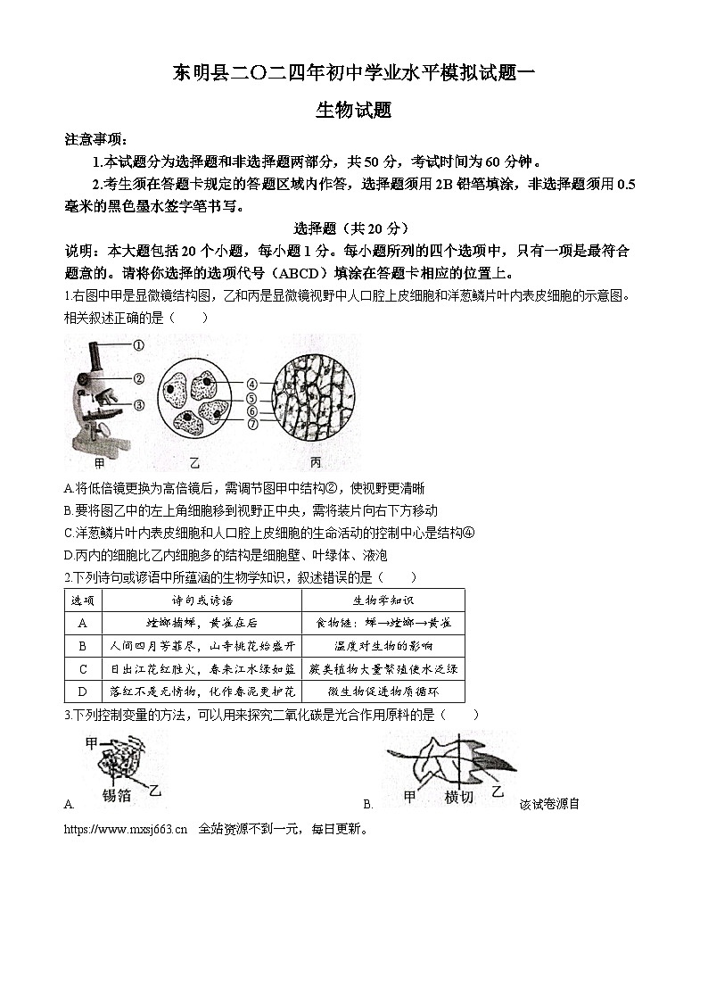 2024年山东省菏泽市东明县初中学业水平生物模拟试题01