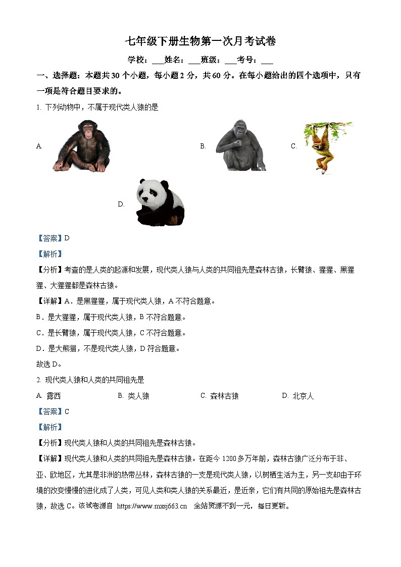 广东省河源市紫城第二中学2023-2024学年七年级下学期第一次月考生物试题01