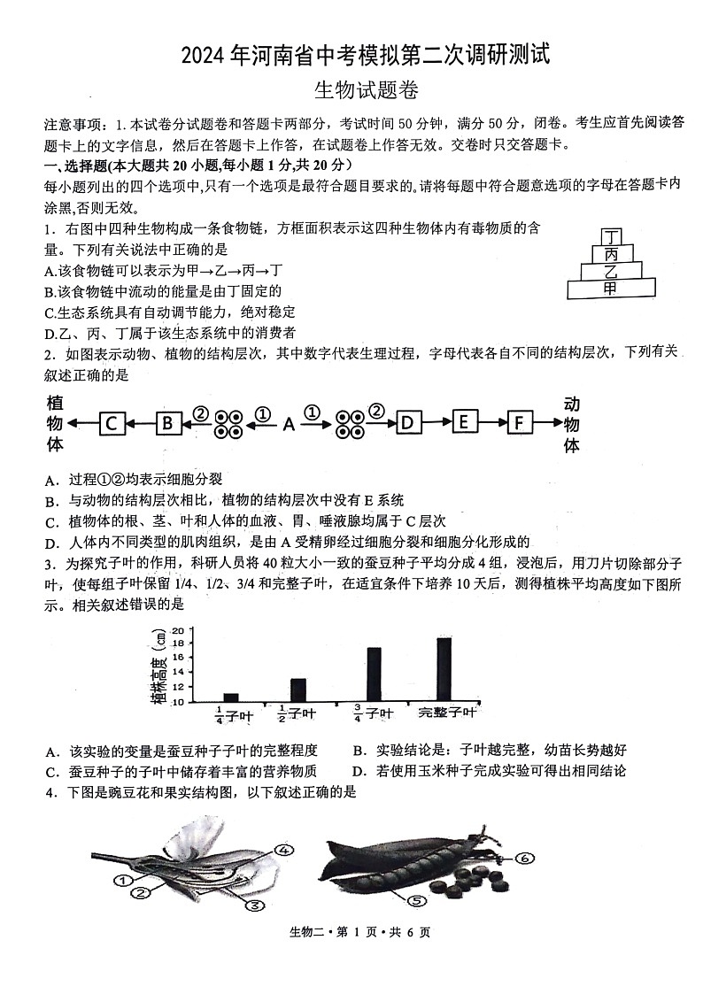 02，2024年河南省周口市郸城县中考二模生物试卷第1页