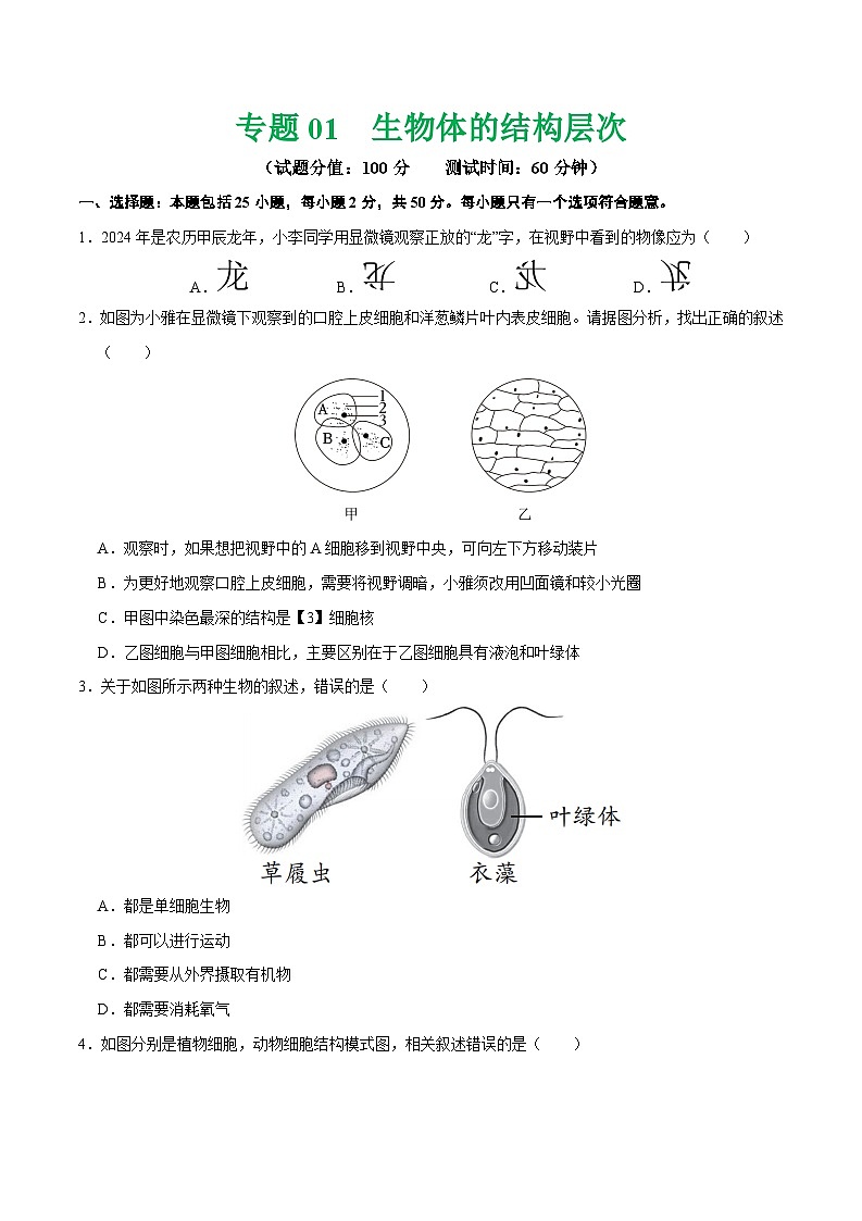 专题01 生物体的结构层次（测试）（原卷版+解析版）01