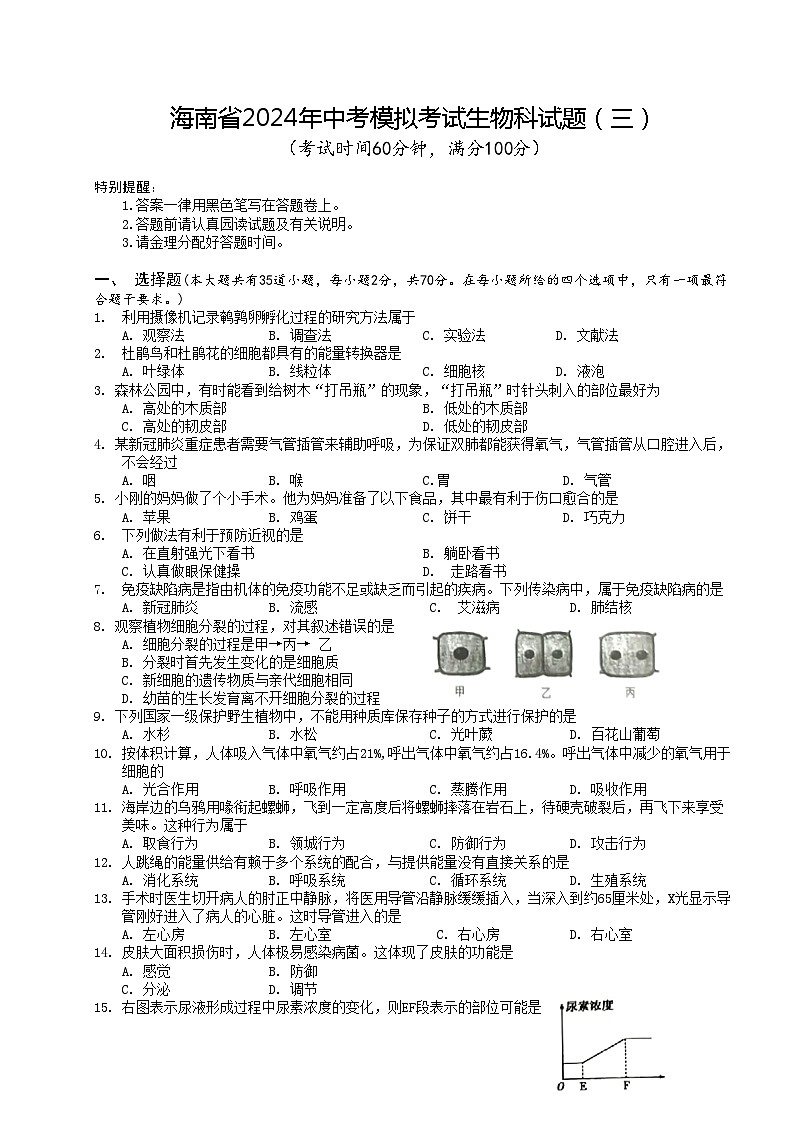 2024年海南省中考模拟（三）生物试题01