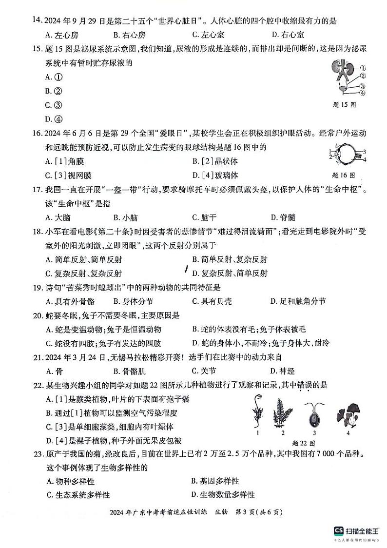 2024年广东省惠州市惠东县中考二模生物试题第3页