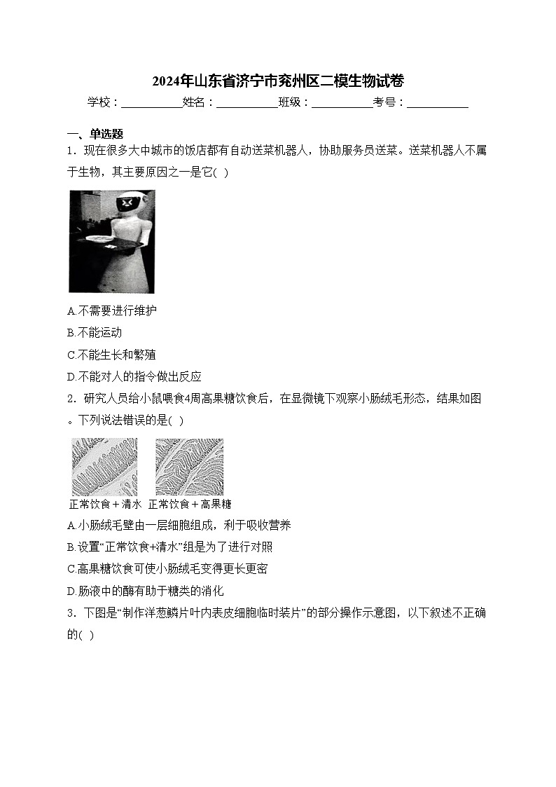 2024年山东省济宁市兖州区二模生物试卷(含答案)第1页