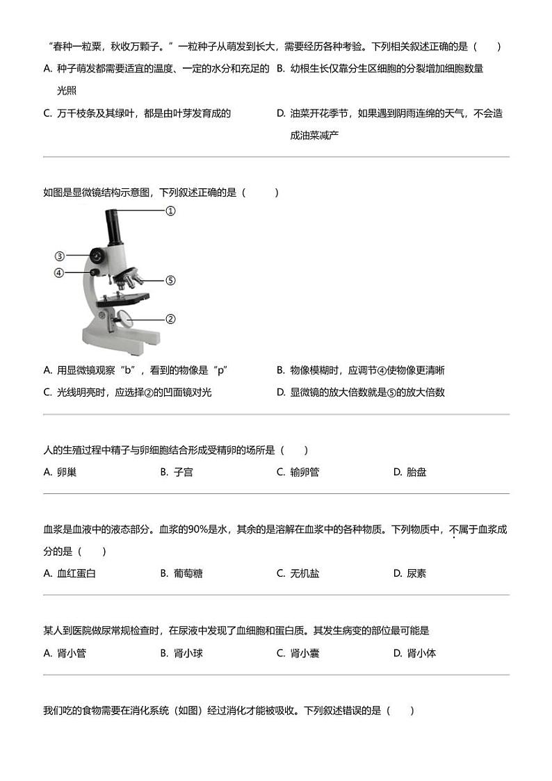 2024年河南信阳光山县中考二模生物试卷02