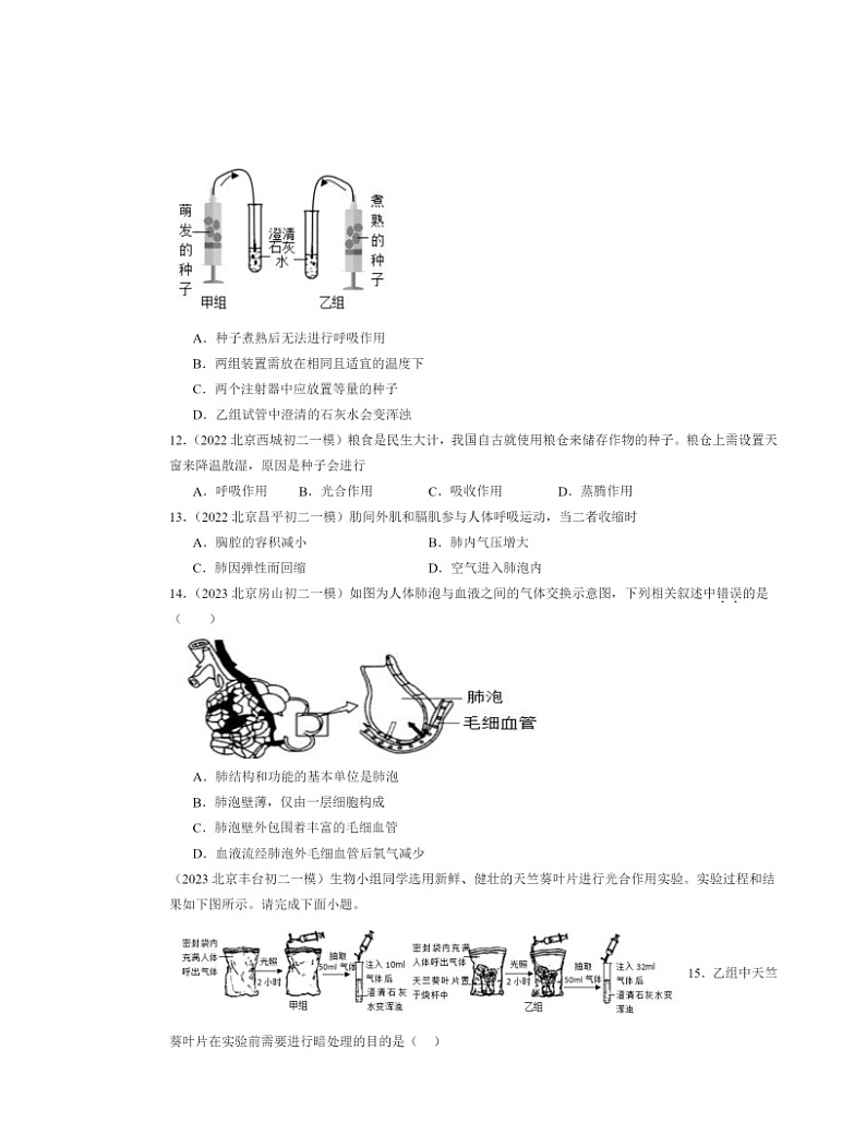 2022～2024北京初二中考一模生物试题分类汇编：生物的呼吸章节综合03