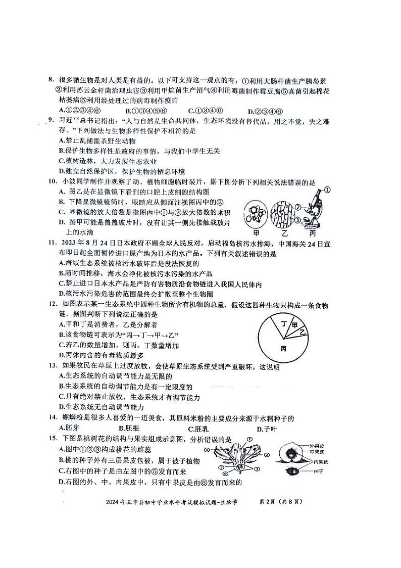 2024年广东省梅州市五华县中考模拟预测生物试题02